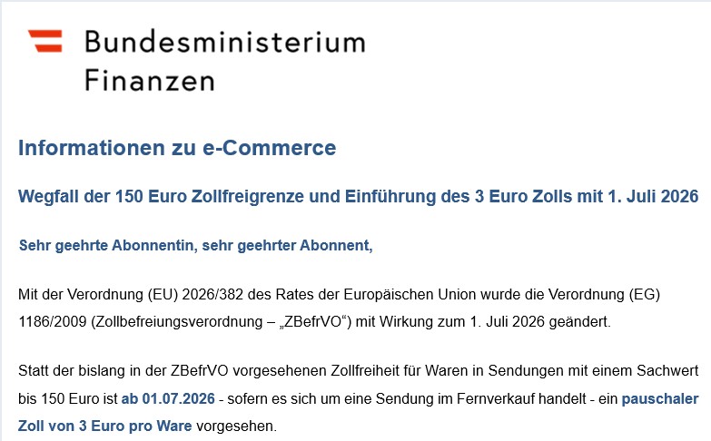 Wegfall der 150 Euro Zollfreigrenze in der EU!