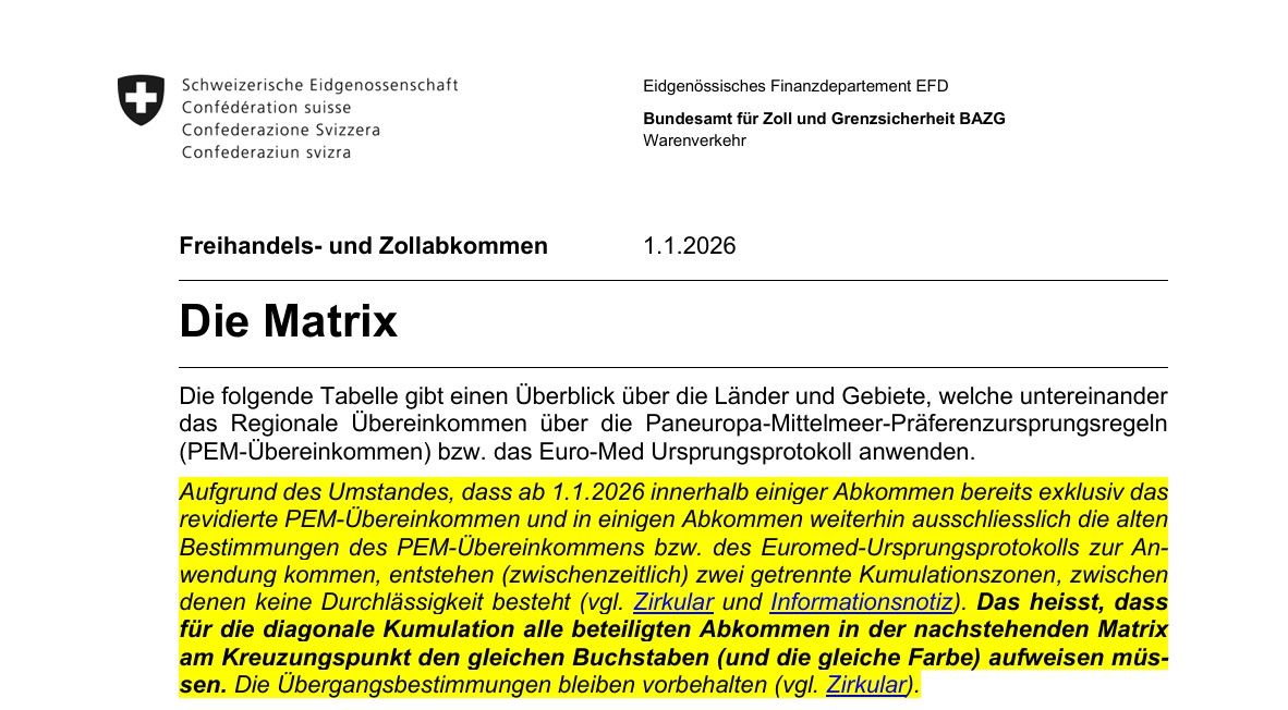 PEM-Abkommen und die diagonale Kumulation ab dem 01.01.2026