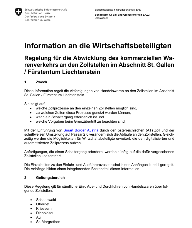 Regelung des Warenverkehrs an den Zollstellen im Abschnitt St. Gallen  / Fürstentum Liechtenstein