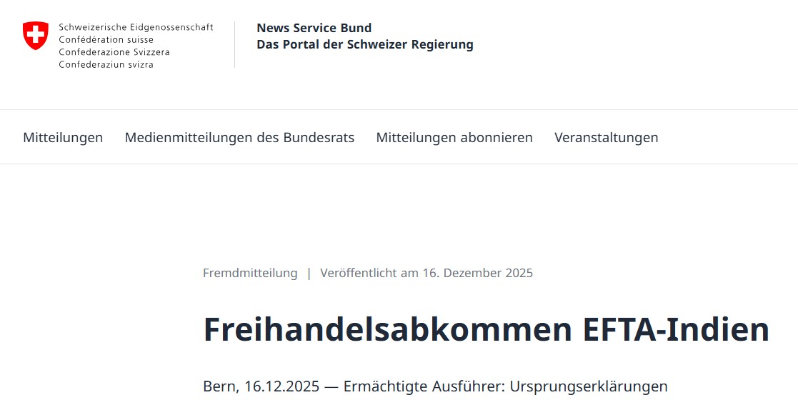Freihandelsabkommen EFTA-Indien: Präzisierung zur Ursprungserklärungen 