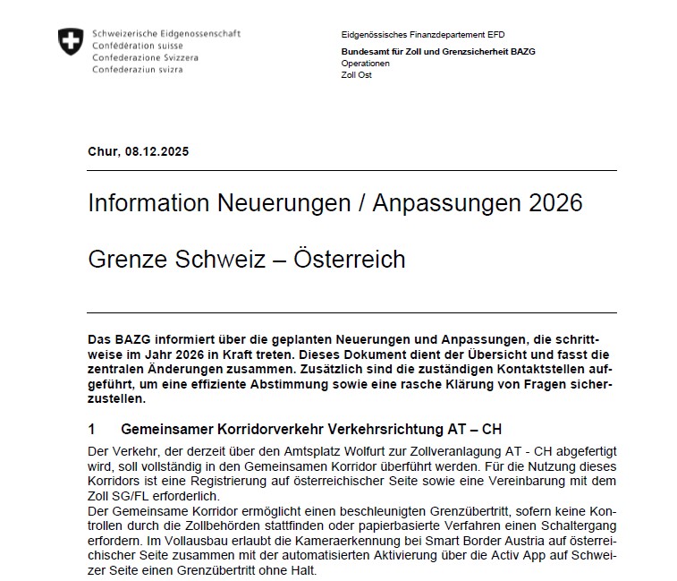 Digitale Grenzabfertigung an der Grenze zwischen der Schweiz und Österreich nimmt Fahrt auf!