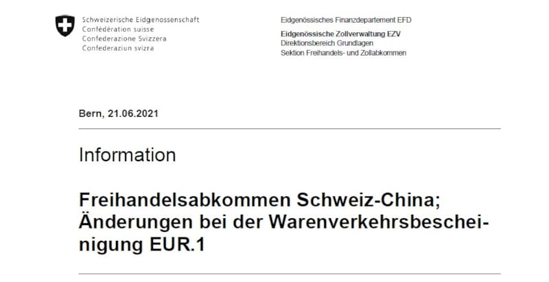 Freihandelsabkommen Schweiz-China; Änderungen bei der Warenverkehrsbescheinigung EUR.1