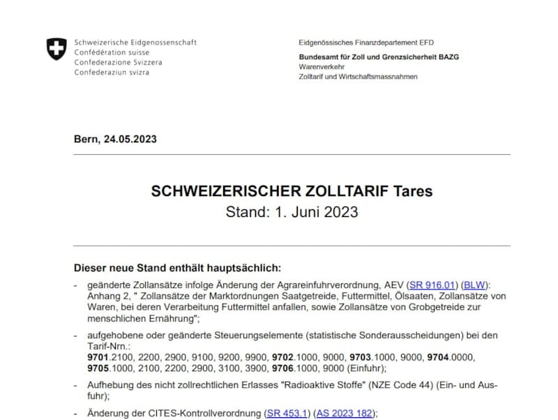 Anpassung Tares per 01.06.2023