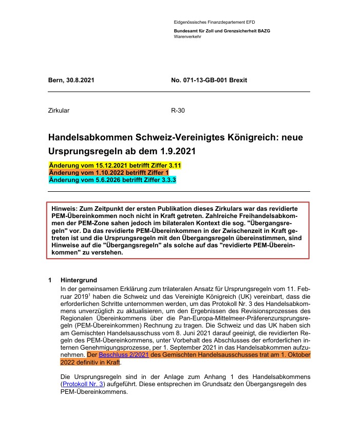 Handelsabkommen Schweiz-Vereinigtes Königreich & PEM