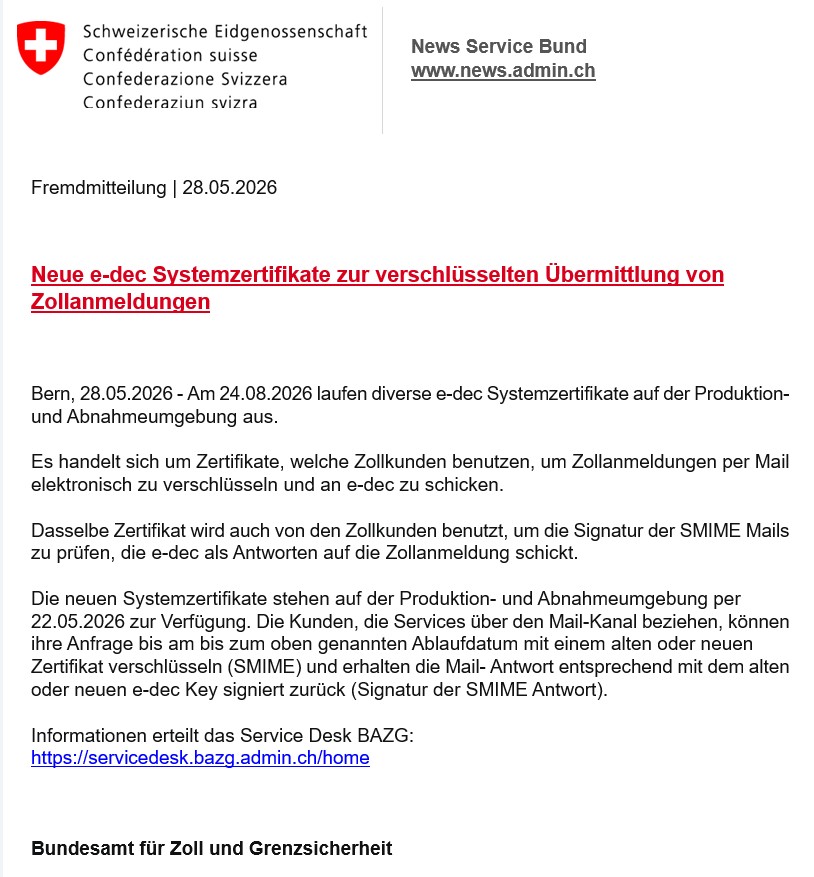 Neue e-dec Systemzertifikate zur verschlüsselten Übermittlung von Zollanmeldungen per 24.08.2026