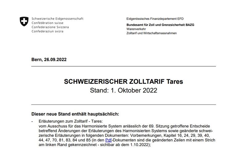 Anpassungen Schweizer Zolltarif per 01.10.2022