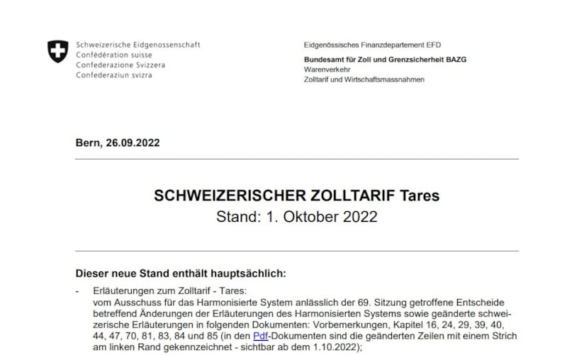 Anpassungen Schweizer Zolltarif per 01.10.2022